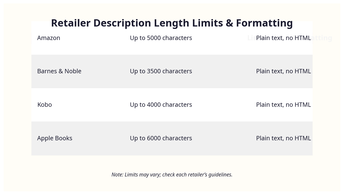 Comparison chart showing key retailer description length limits and formatting allowances