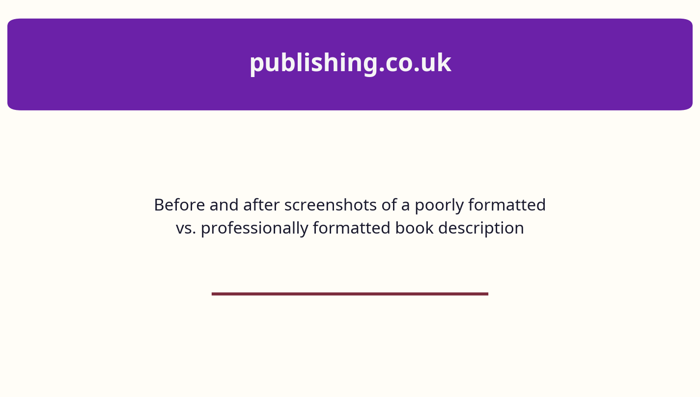 Before and after screenshots of a poorly formatted vs. professionally formatted book description