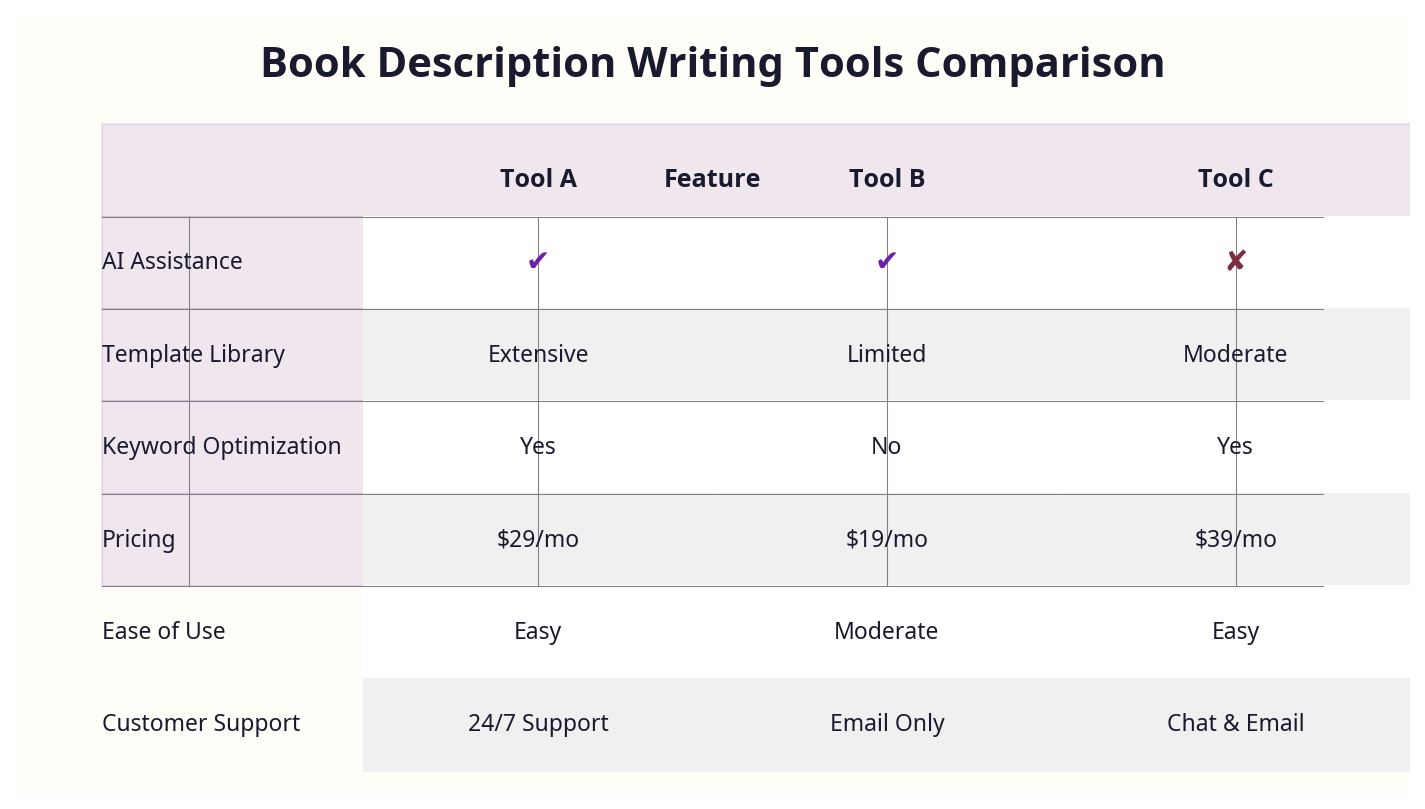 Tool comparison matrix for book description writing software and services