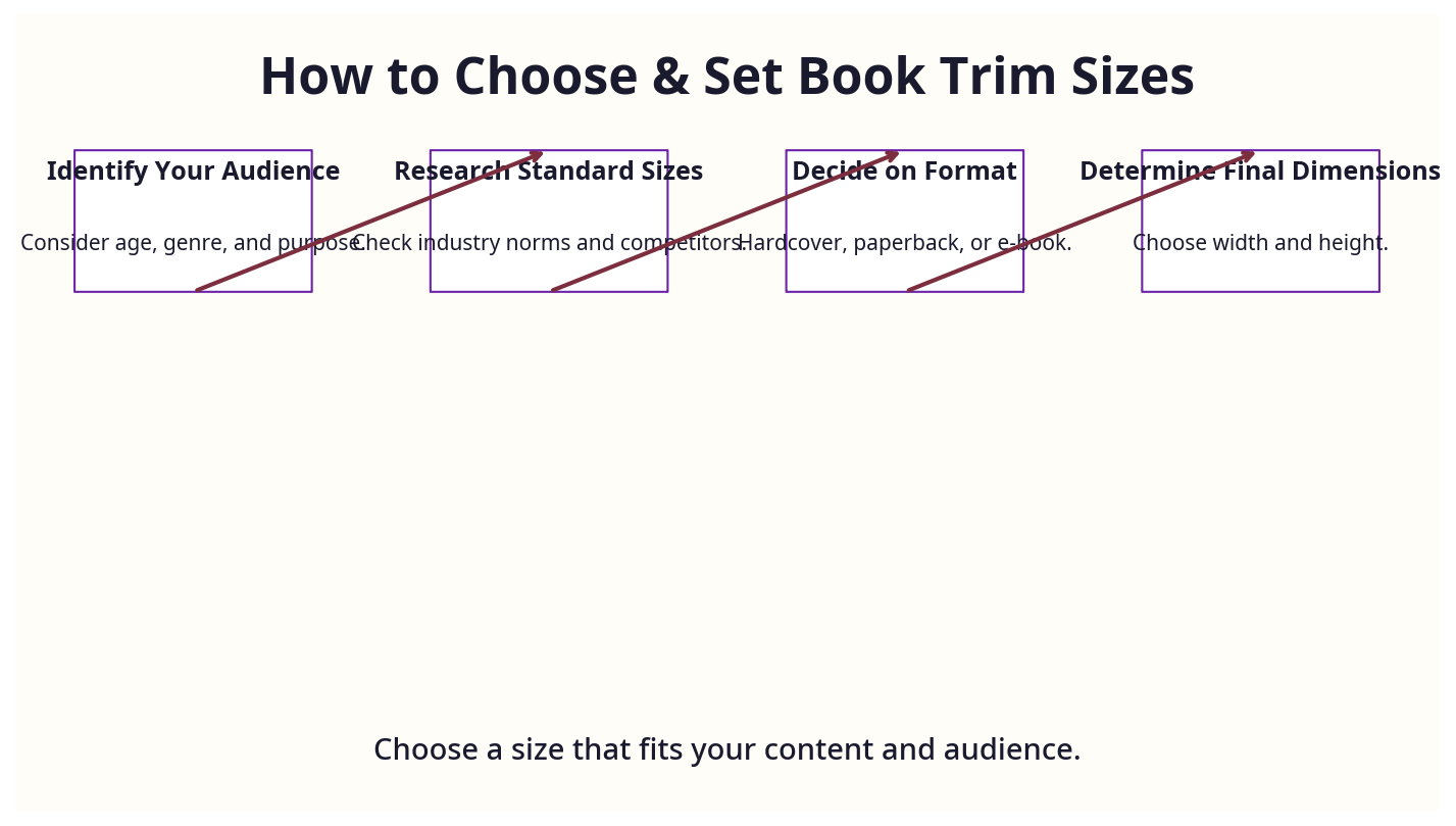 Step-by-step process diagram illustrating how to choose and set book trim sizes