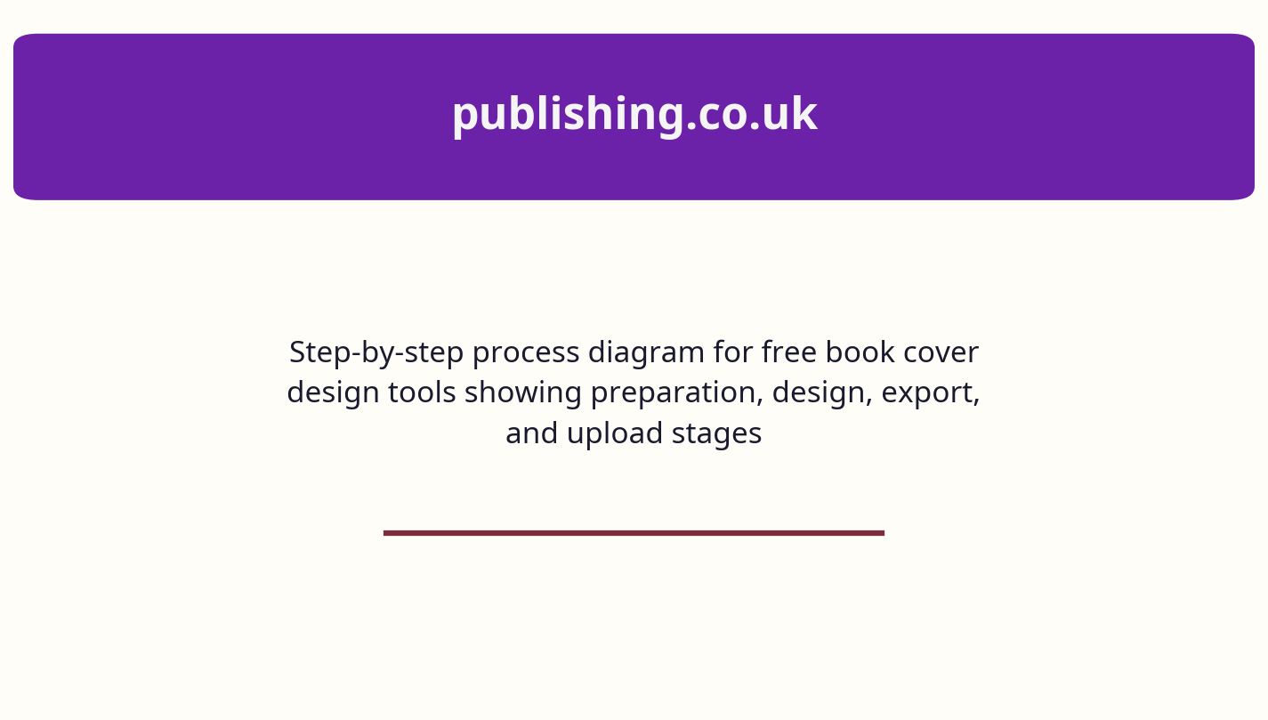 Step-by-step process diagram for free book cover design tools showing preparation, design, export, a