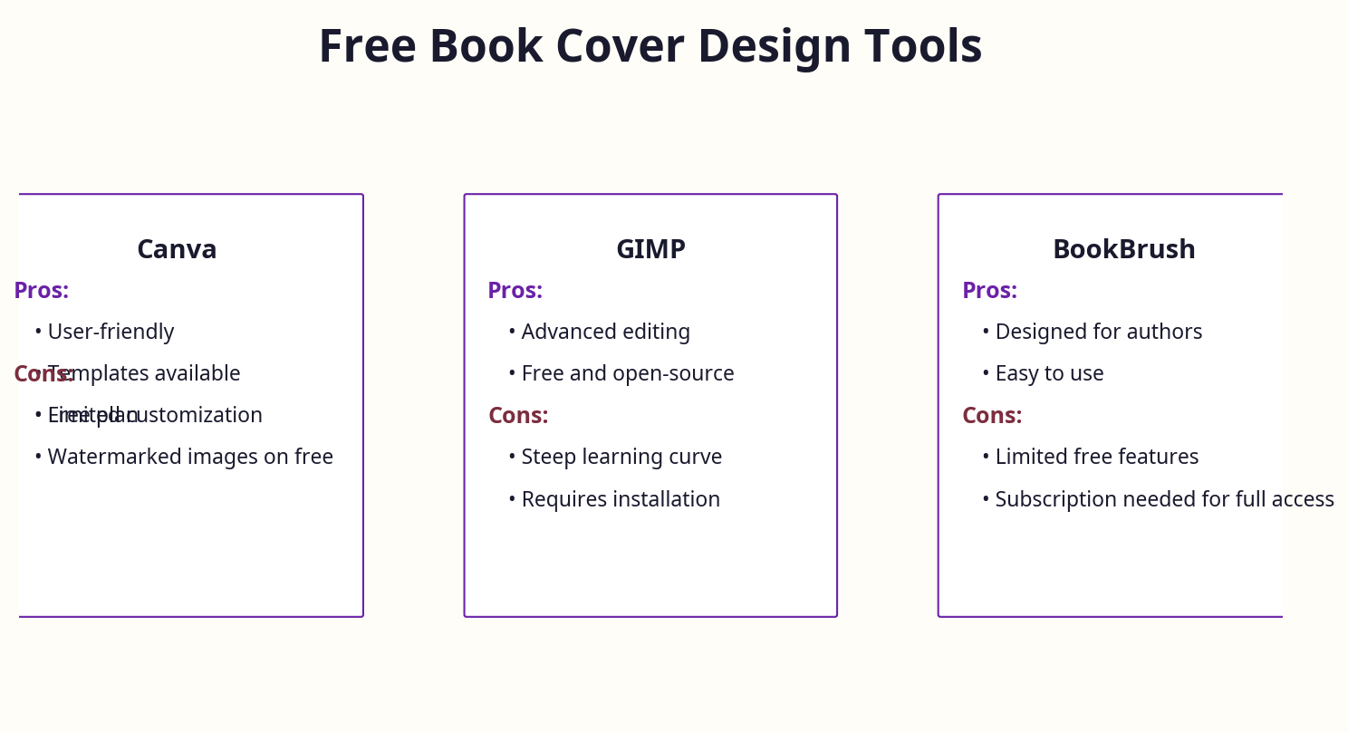 Comparison chart showing key options for free book cover design tools with pros and cons