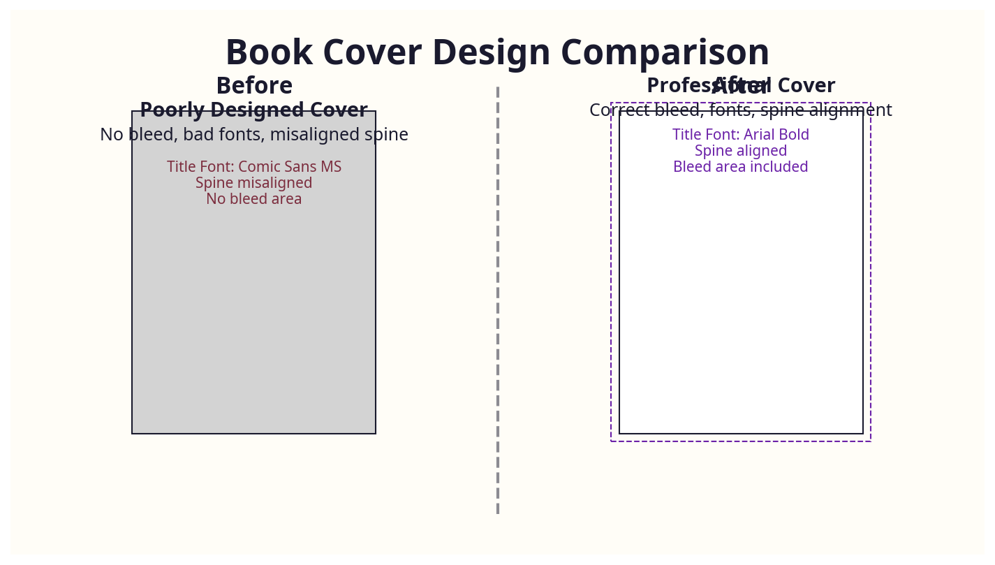Before/after example showing a poorly designed cover vs. a professional-quality cover with correct b