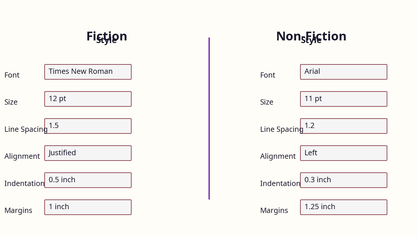 Side-by-side comparison of paragraph style settings for fiction vs non-fiction