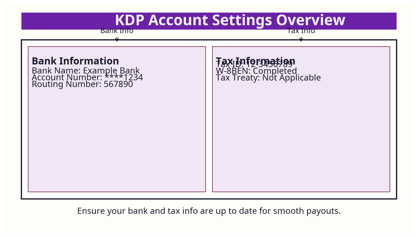 Screenshot of KDP Account Settings page highlighting bank and tax info sections