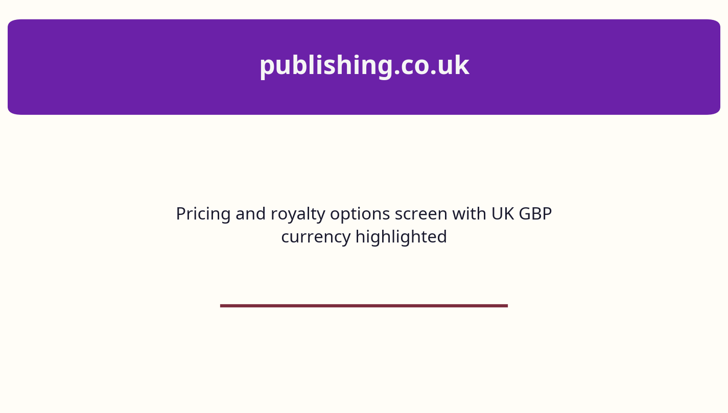 Pricing and royalty options screen with UK GBP currency highlighted