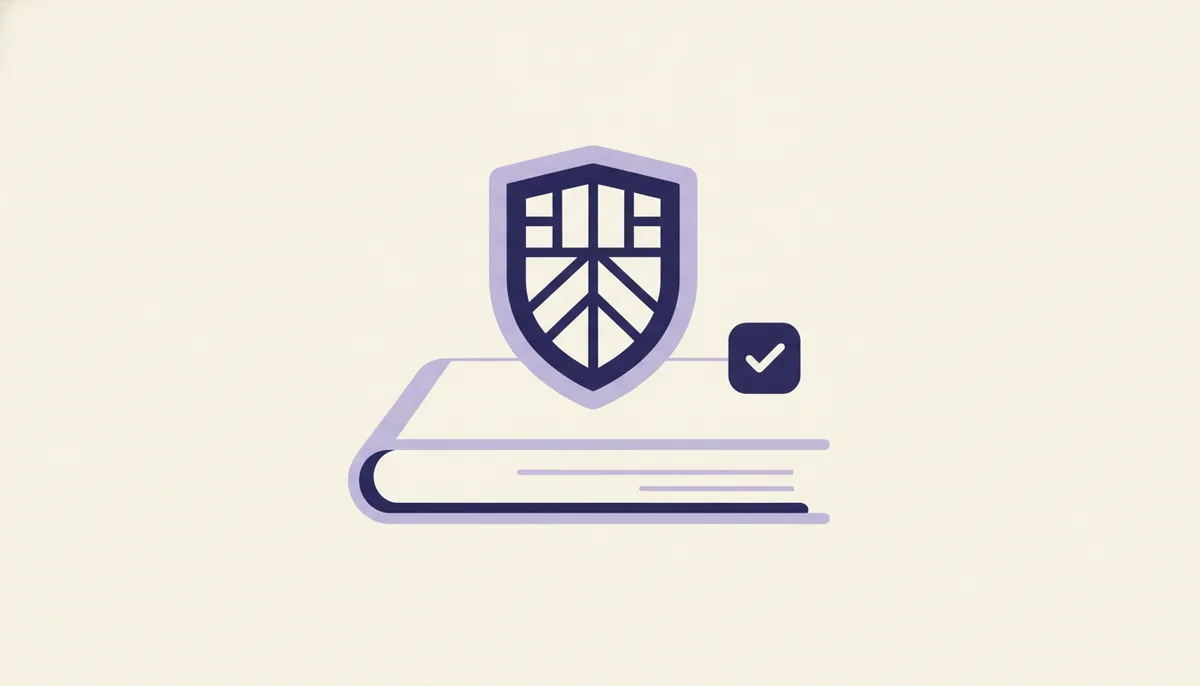 A shield over a book with a small checkbox motif, flat editorial illustration
