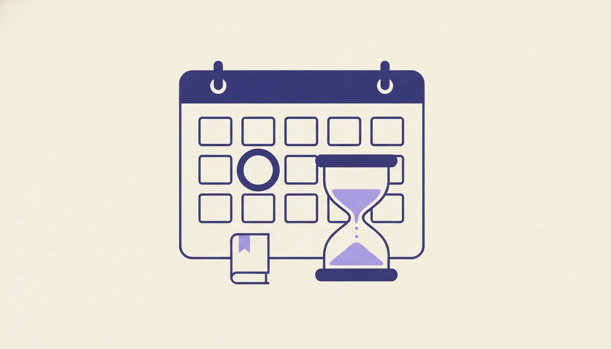 Calendar with a marked release date and an hourglass, flat editorial illustration in cream and indigo
