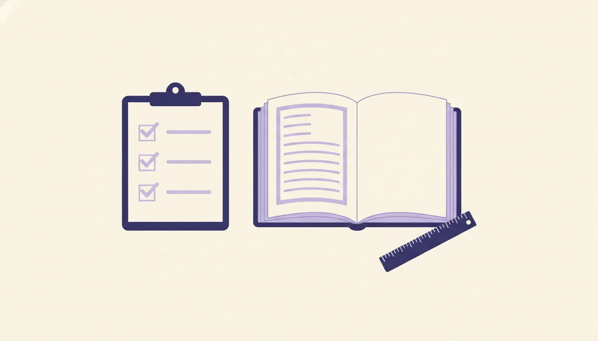 Checklist clipboard next to an open paperback showing margins and spine, flat editorial illustration