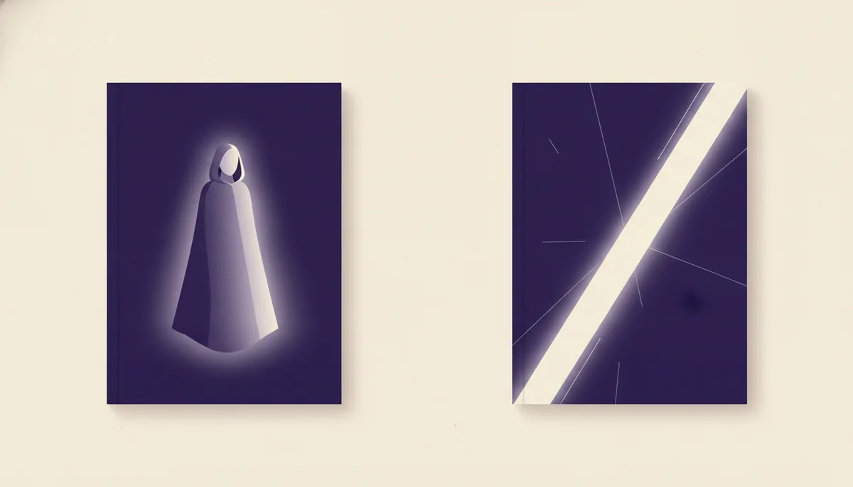 Two identical book covers side by side, one soft and diffuse, one reflective with a light streak, flat editorial illustration in cream and indigo