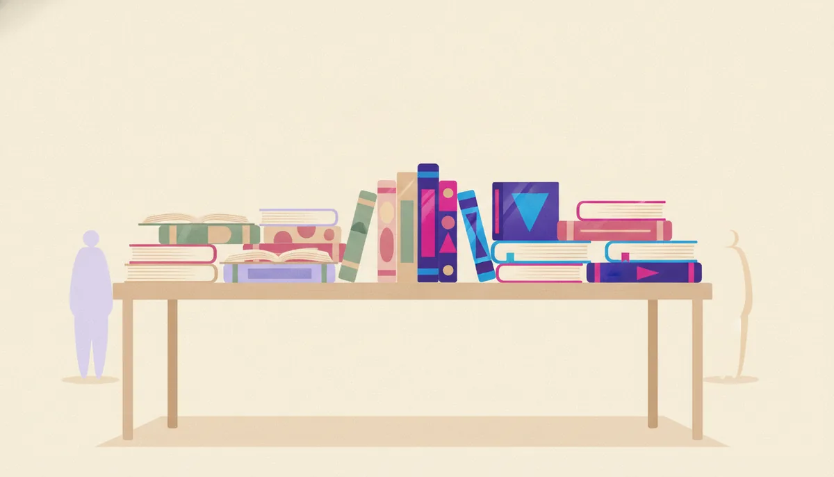 Bookshop table with genre sections showing matte novels and glossy children's books, flat editorial illustration