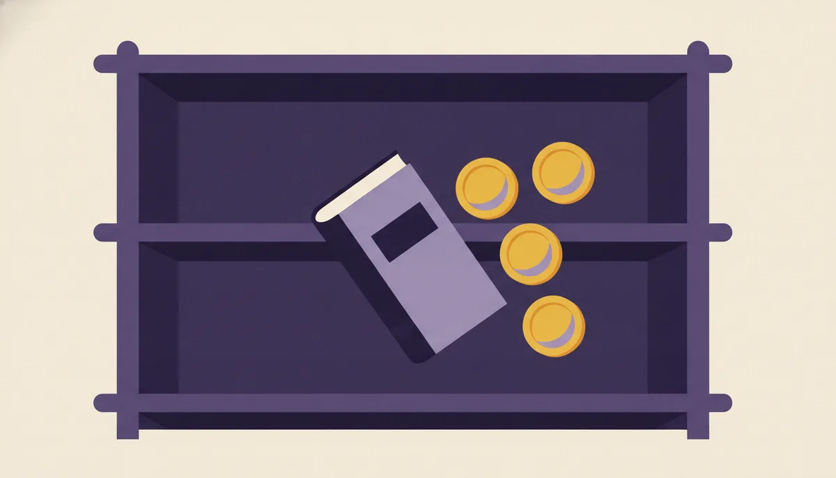 Library bookshelf with a coin slot motif, flat editorial illustration in cream and indigo