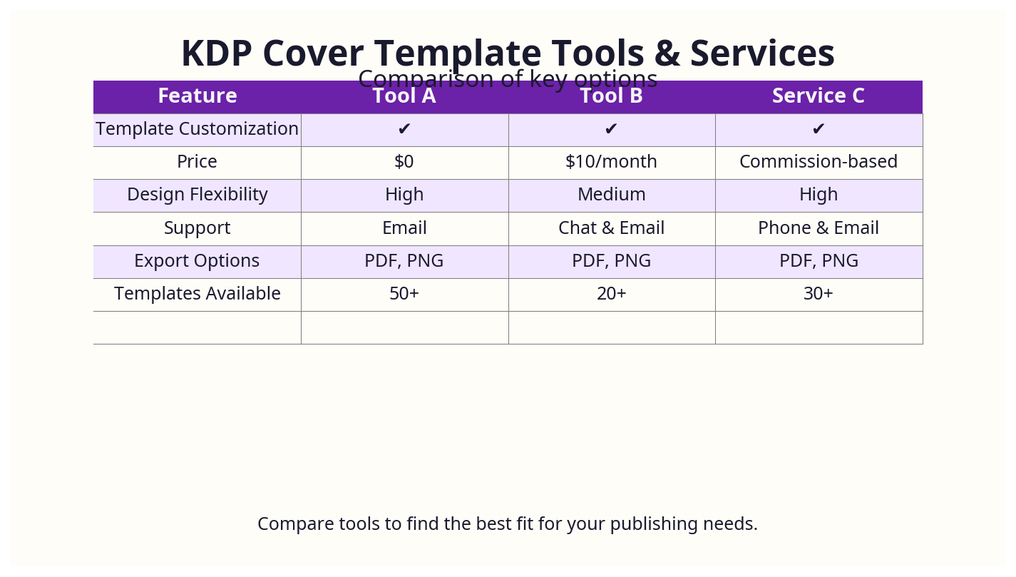 Comparison chart showing key options for KDP cover template tools and services