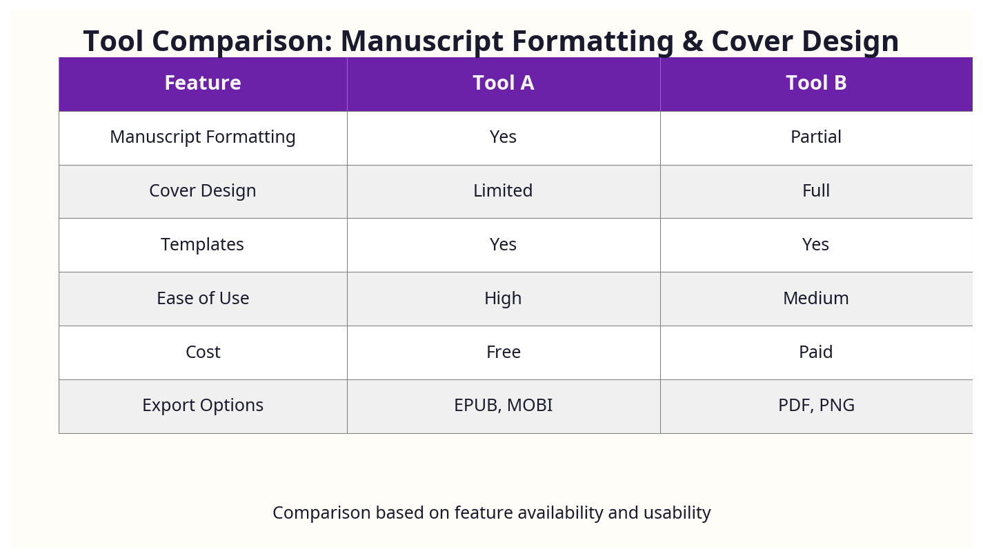 Tool comparison matrix for manuscript formatting and cover design