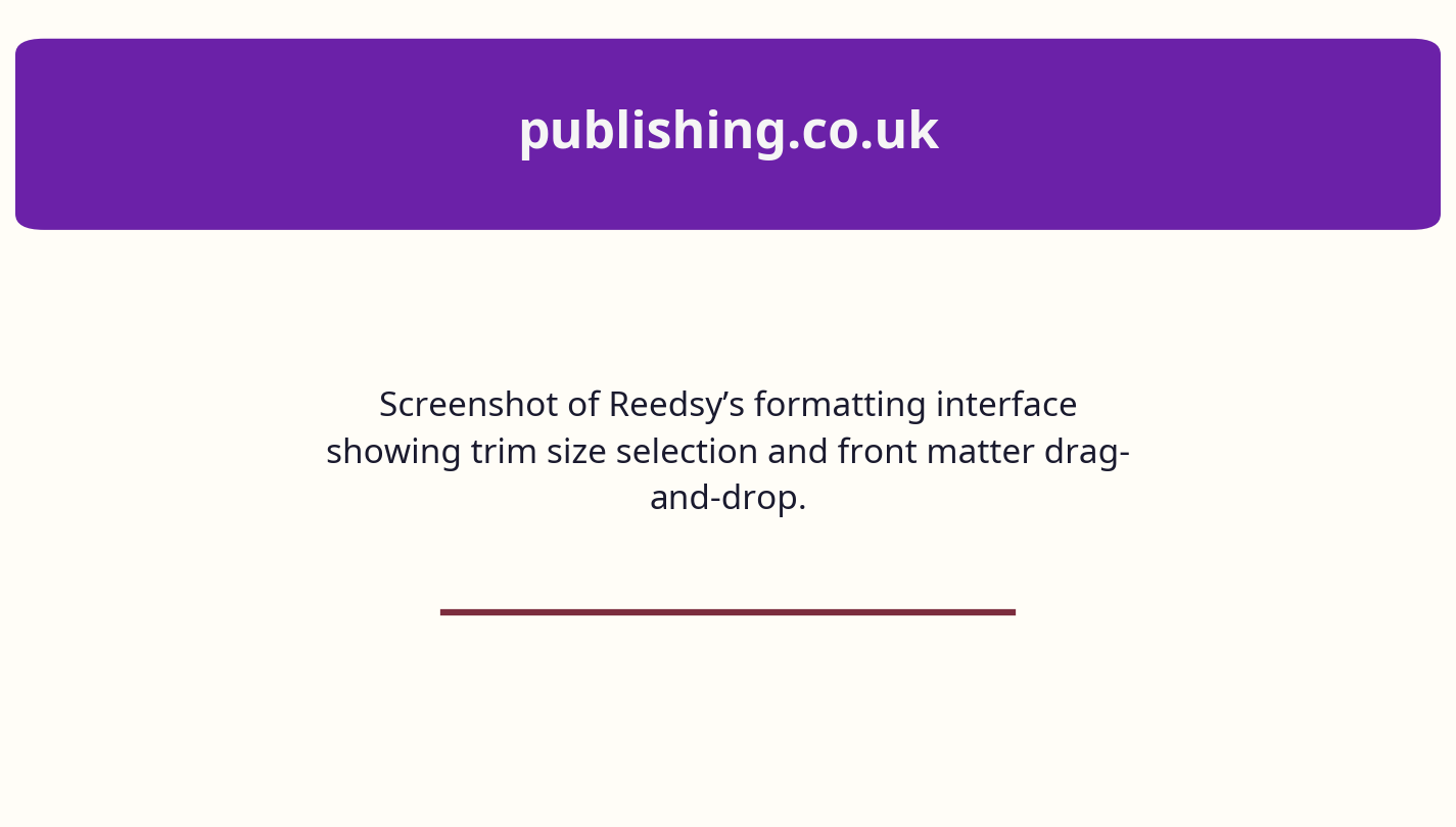 Screenshot of Reedsy’s formatting interface showing trim size selection and front matter drag-and-dr