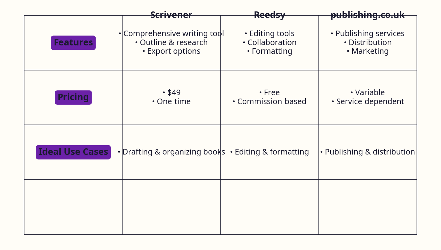 Comparison matrix chart showing Scrivener, Reedsy, and publishing.co.uk with features, pricing, and 