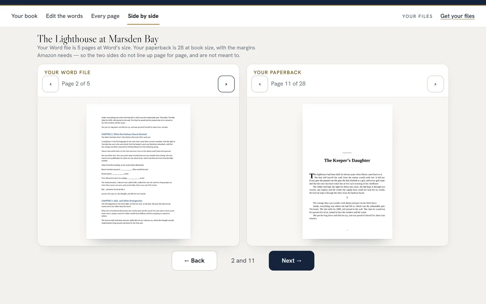 Book Studio&rsquo;s side-by-side screen: the author&rsquo;s Word file on the left and the finished paperback on the right, with Word page 2 beside paperback page 11