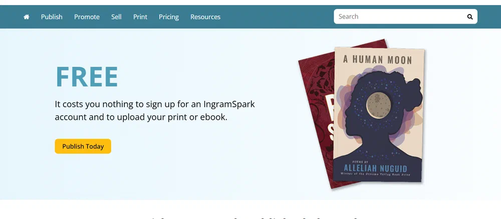 IngramSpark pricing page headed FREE, stating it costs nothing to sign up for an account and to upload a print or ebook file