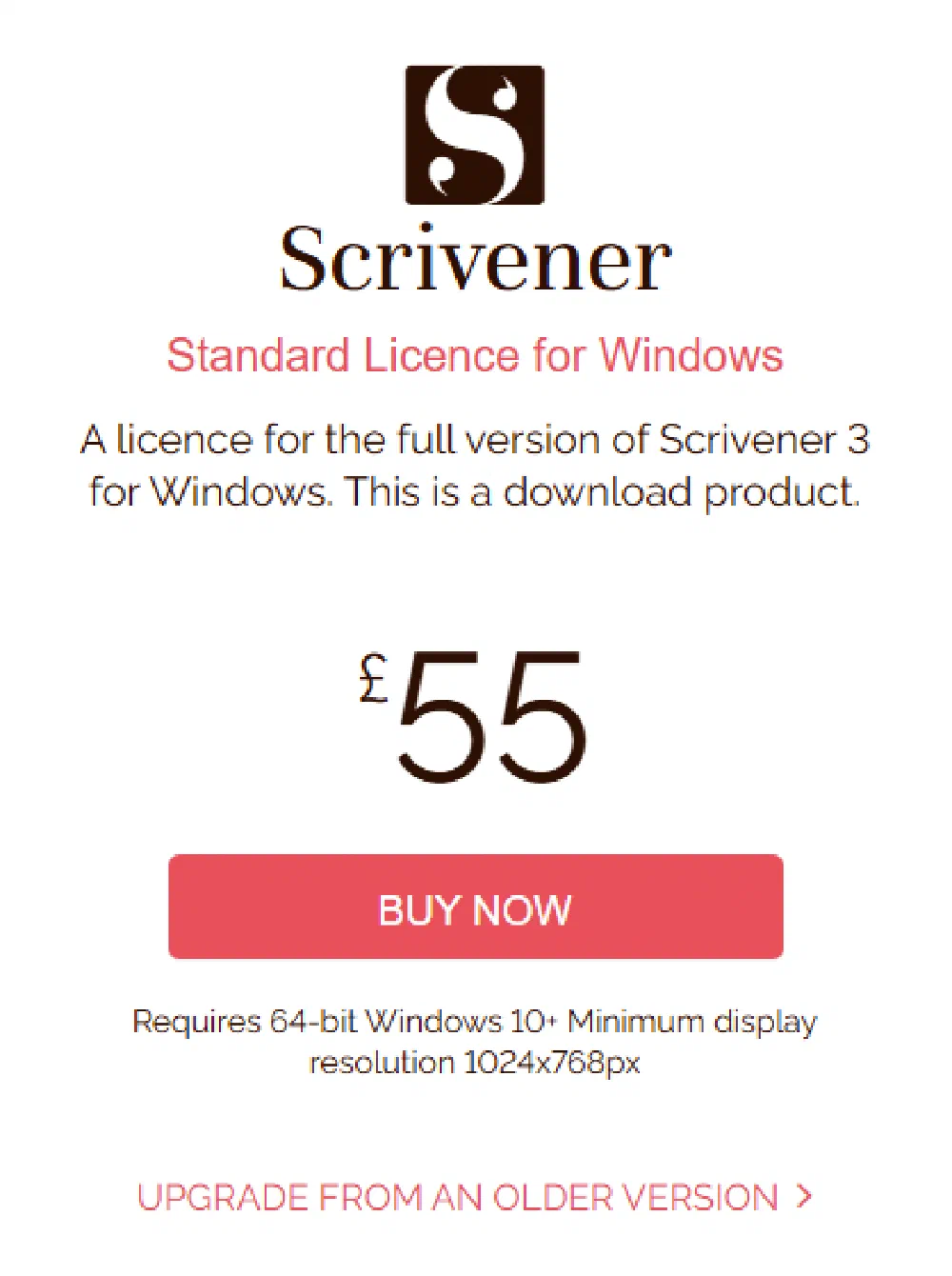 Literature and Latte's store showing the Scrivener Standard Licence for Windows at £55