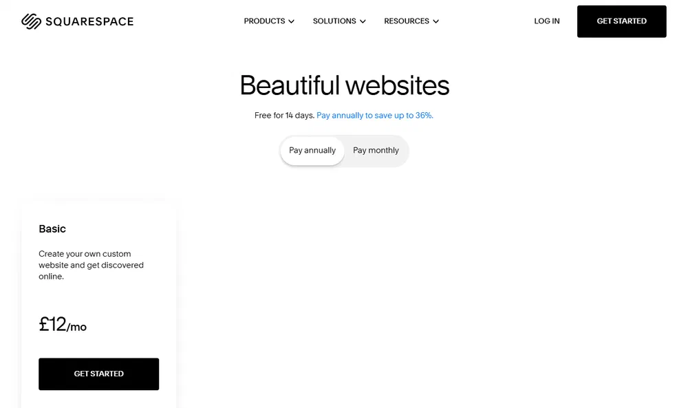 Squarespace pricing page with the Basic plan at £12 a month on annual billing