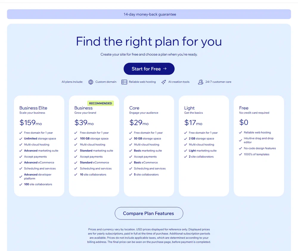 Wix plans page showing Business Elite $159, Business $39, Core $29, Light $17 and Free $0 per month, priced in US dollars