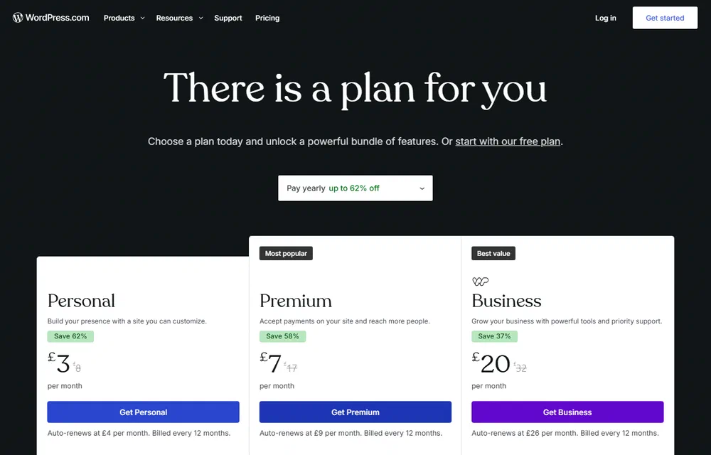 WordPress.com pricing page showing Personal at £3 a month rising to £4 on renewal, Premium £7 rising to £9, and Business £20 rising to £26, all billed every 12 months