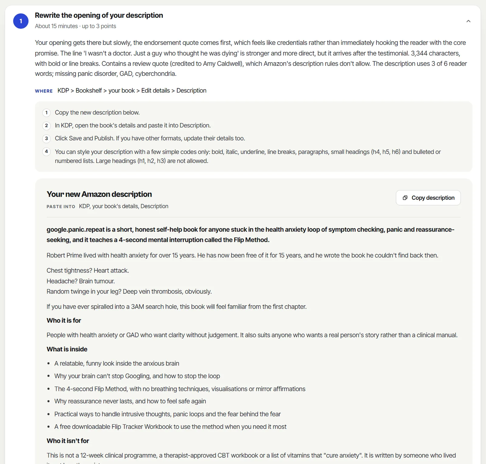 An Amazon fix opened in a Book Score report: why it matters, where to make the change in KDP, the steps, and the new description ready to copy.