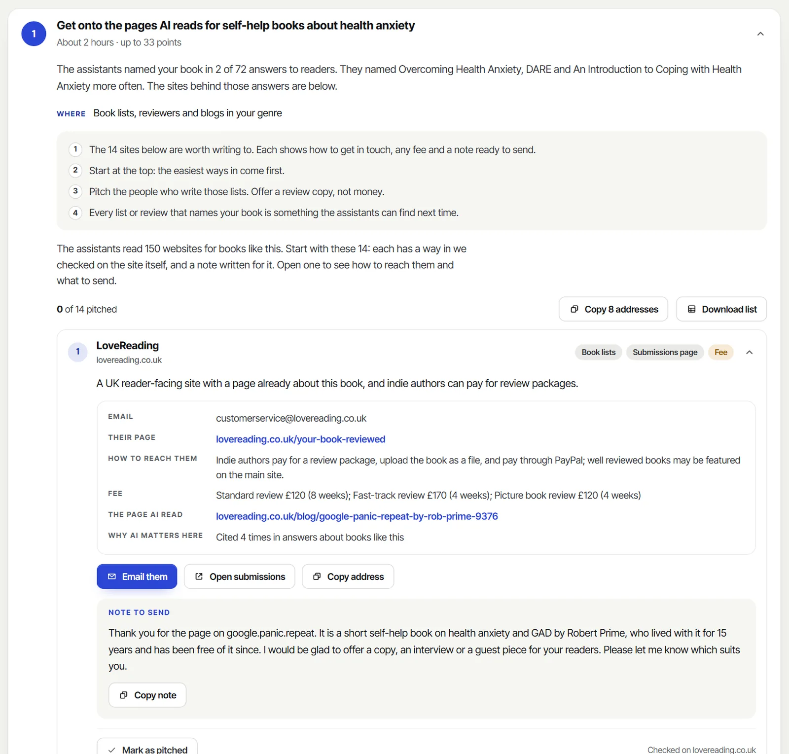 Who to contact in a Book Score report: a site opened to show its email, submissions page, any fee, and a note ready to send.