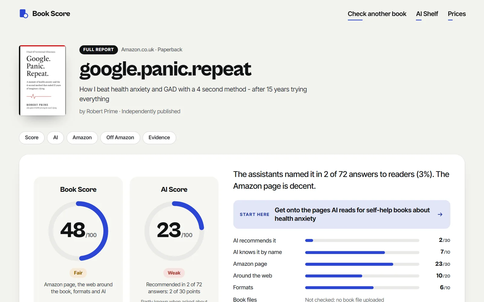 The top of a Book Score report: the Book Score and AI Score dials, and the Start here button that opens the first fix.